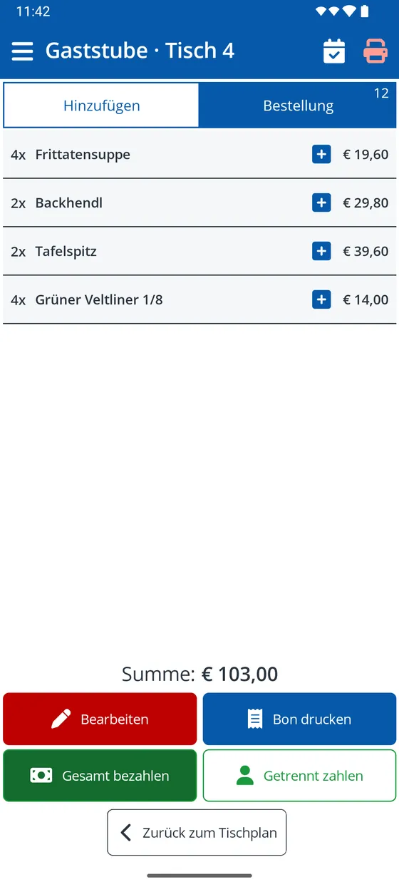 Bestellung eines Tisches in der Orderlyze App am Smartphone