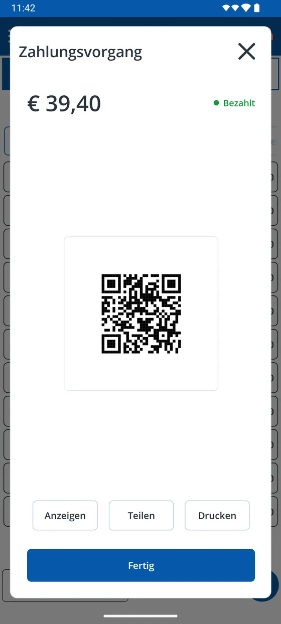 E-Beleg mit QR-Code nach dem Bezahlen in der Orderlyze App