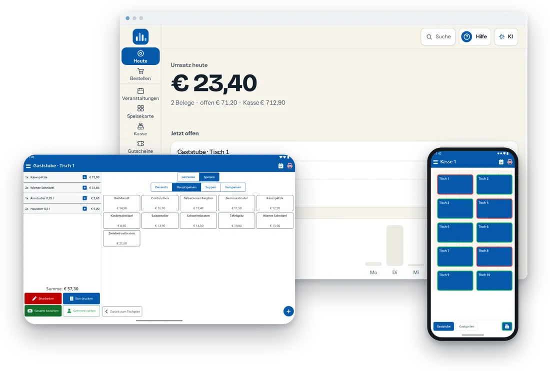 Orderlyze auf Tablet und Smartphone, dazu die Verwaltung im Browser