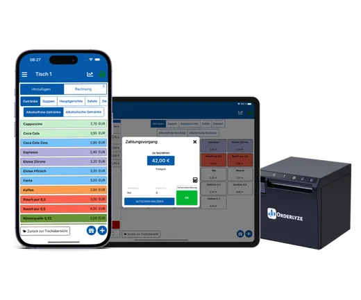 Orderlyze Kassensystem auf Smartphone und Tablet mit Bondrucker