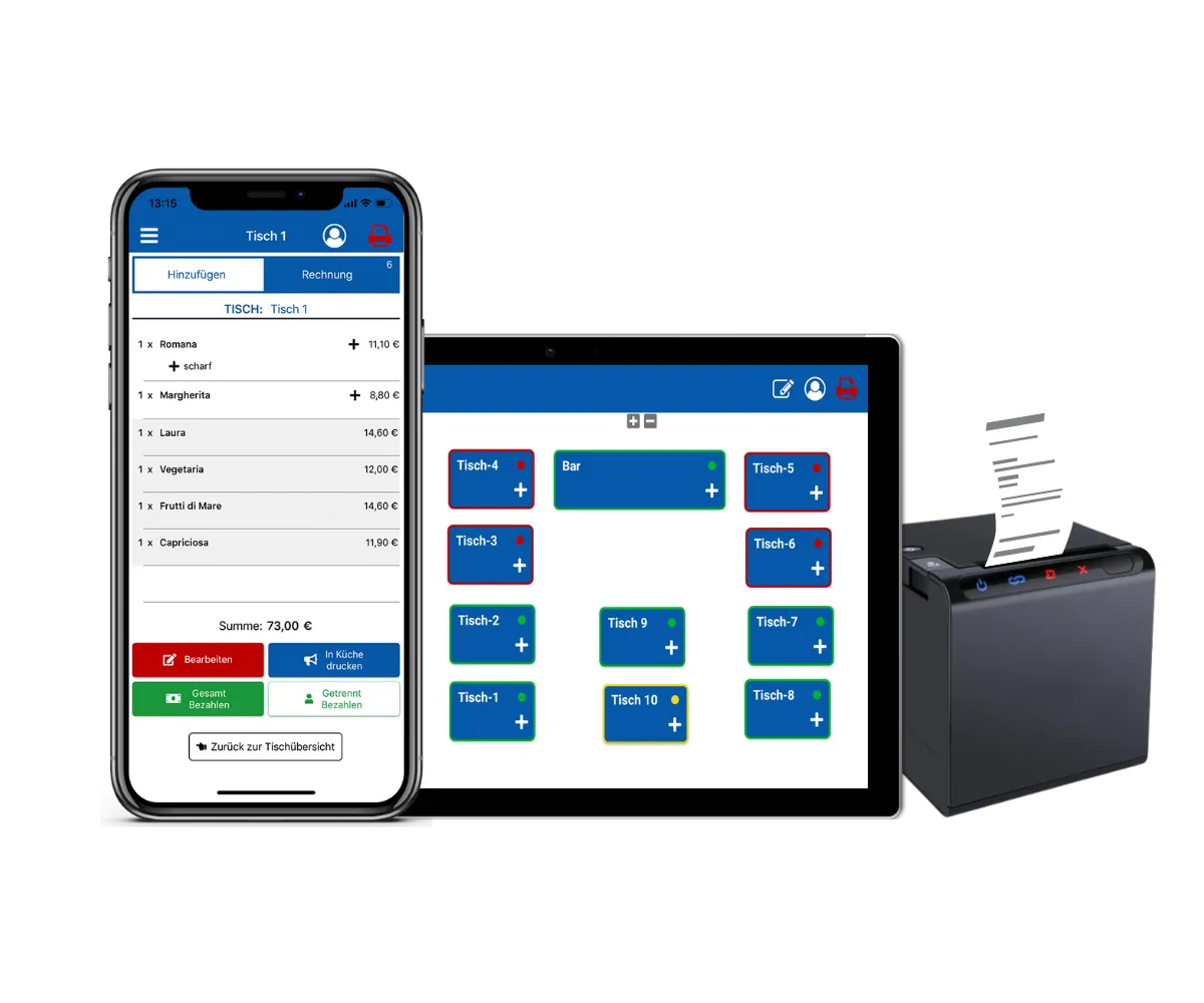 Orderlyze Kassensystem auf Smartphone und Tablet mit Bondrucker