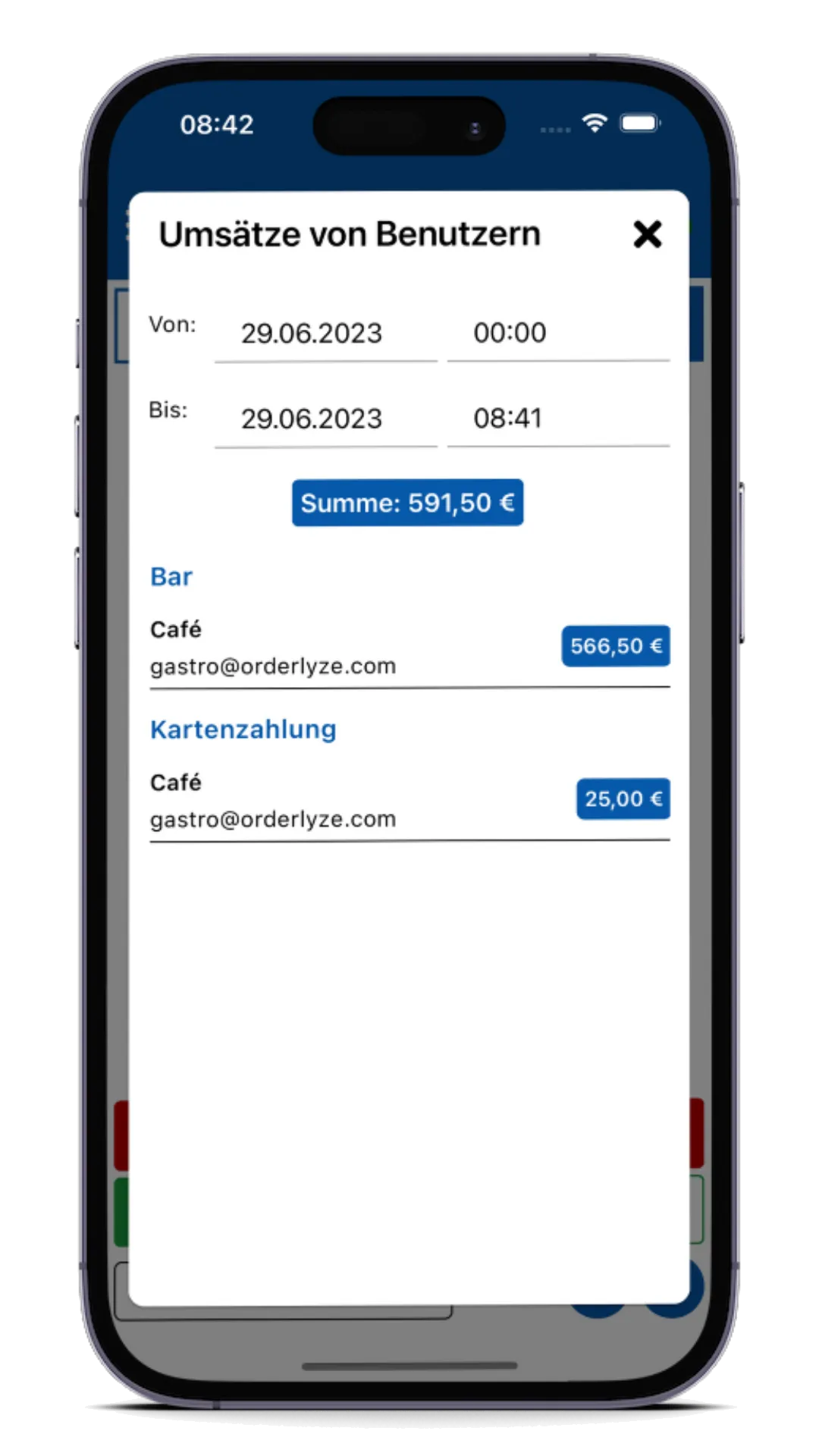 Umsatzübersicht in der Orderlyze-Verwaltung